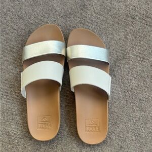 Reef Women’s Double Strap Slide Sandals in White and Silver